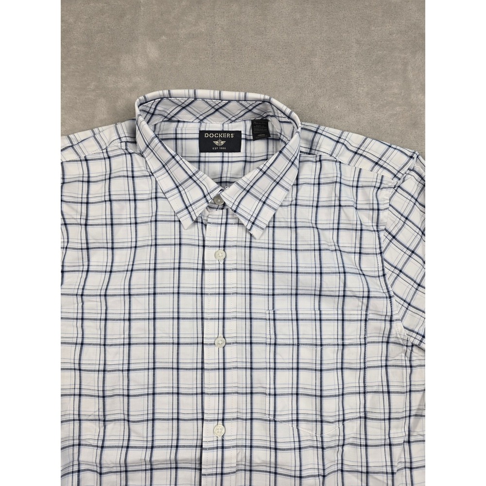 Dockers‎ Button Up Shirt Mens Medium White Blue Plaid Long Sleeve Stretch